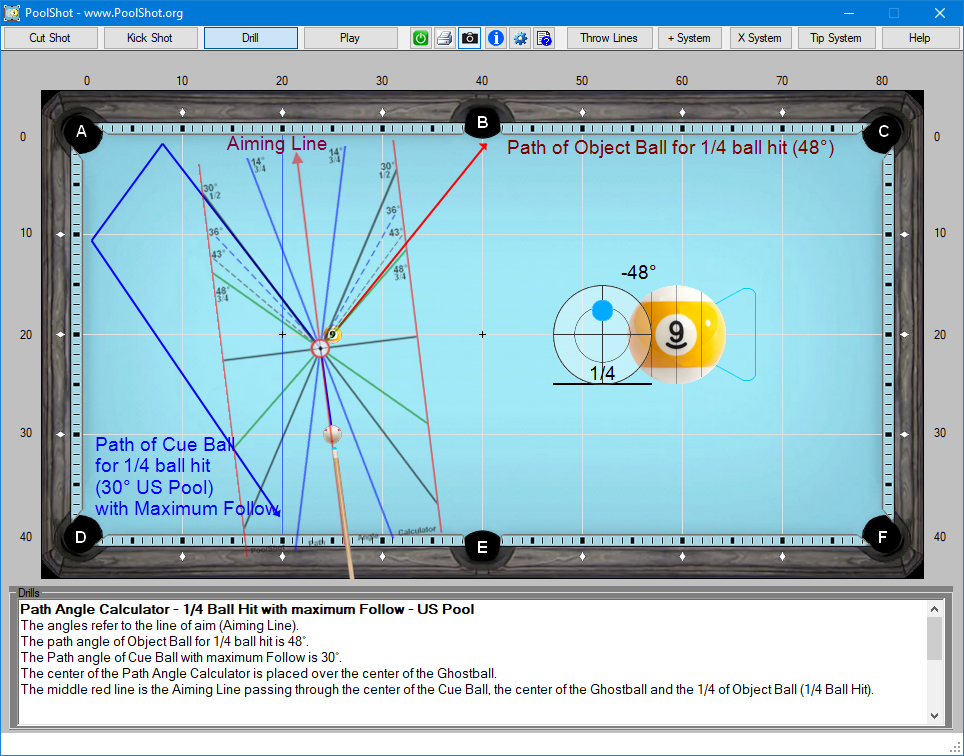 Path Angle Calculator - 1-4 Ball Hit with maximum Follow - US Pool